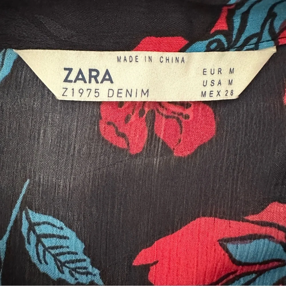 Zara Z1975 Semi-Sheer Maximalist Black Red Blue Bold Floral Blouse Size M - Picture 12 of 16